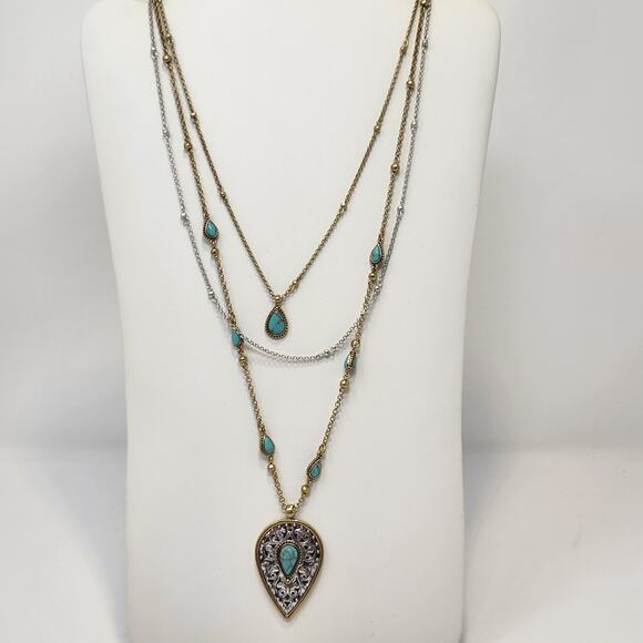 Lucky Brand Two Tone Layered Chain Necklace Faux Turquoise Teardrop Pendant - Picture 1 of 7